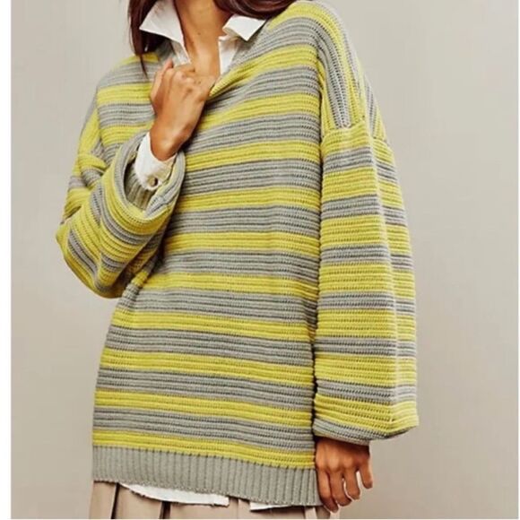 NWOT Free People Links Pullover Sweater Slouchy Knit Chunky Striped Yellow Gray - Picture 11 of 11